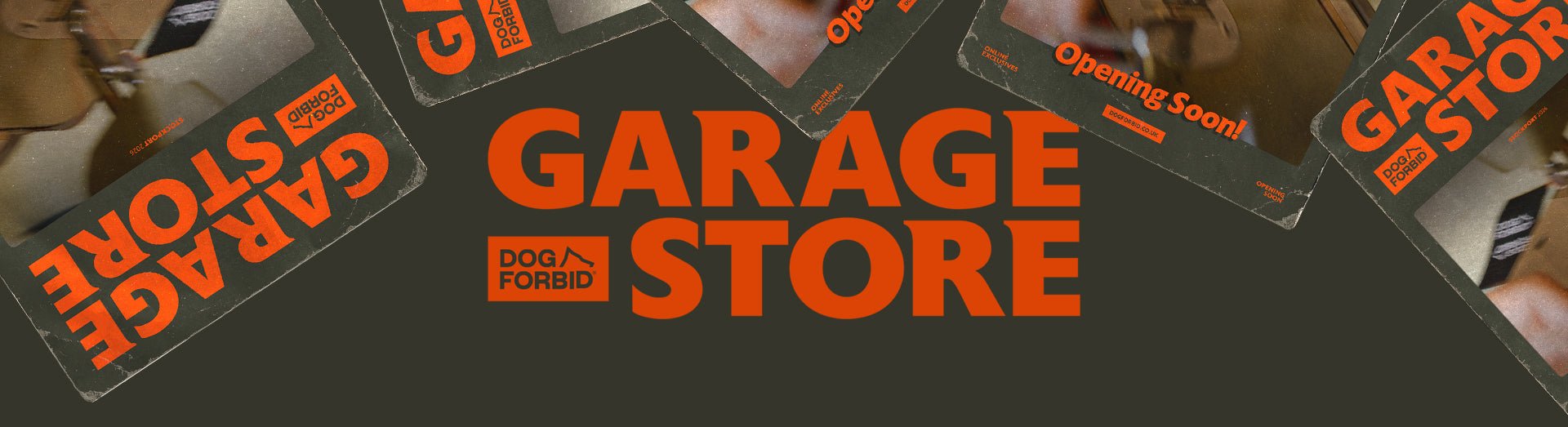 Promotional banner for a 'Garage Store' with orange text on a dark background.