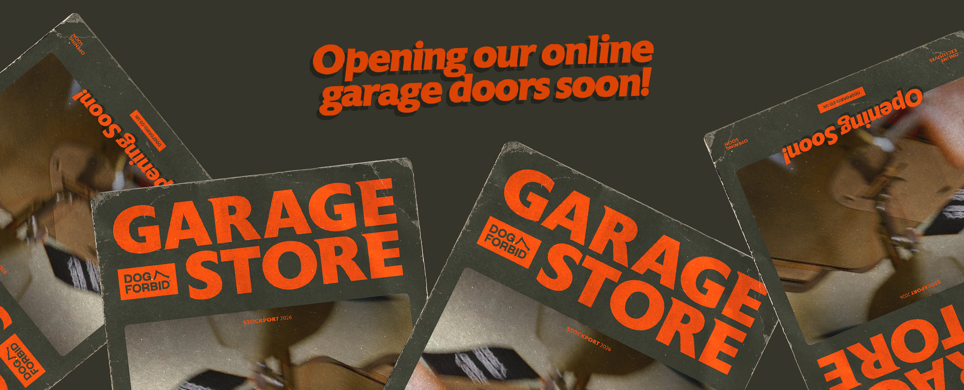 Promotional graphic for a garage store opening online, with text and images of people shopping.