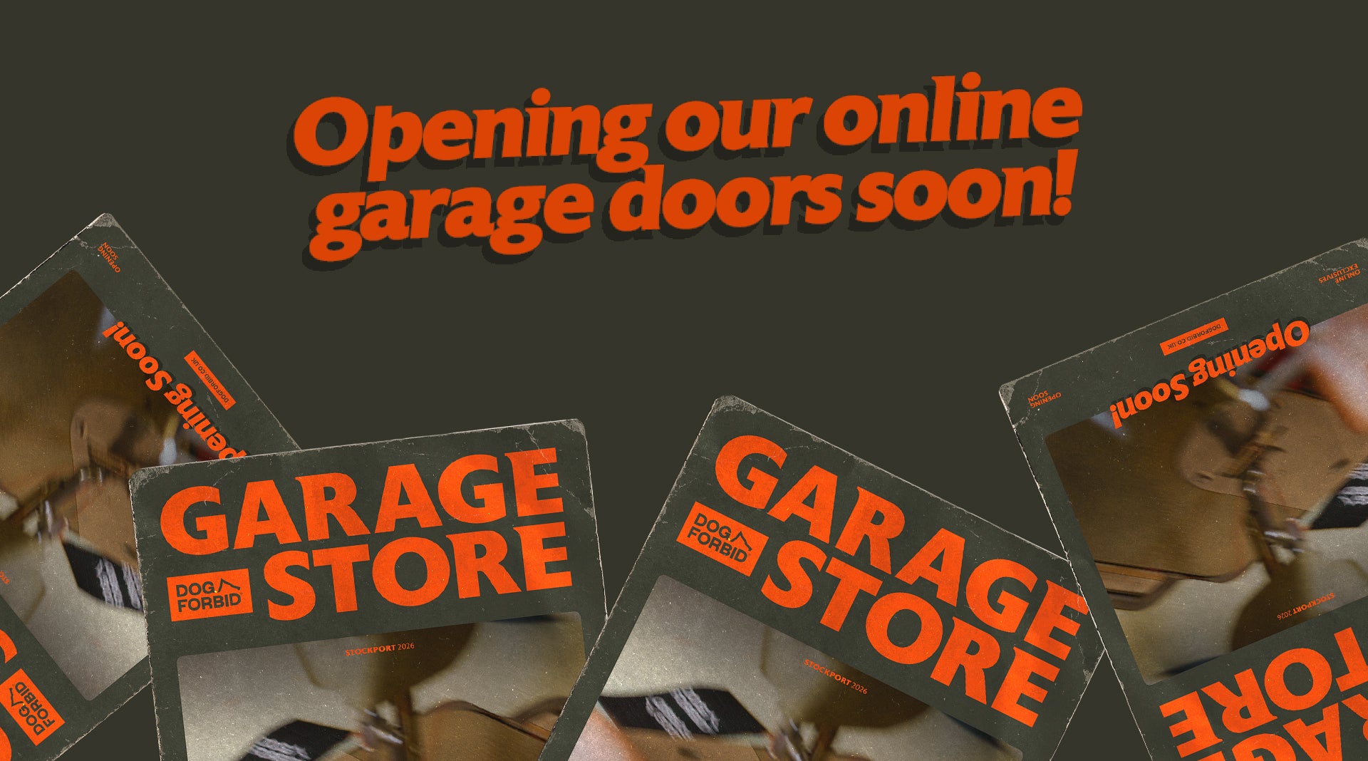 Advertisement for a garage store opening online garage doors with text and store signs.