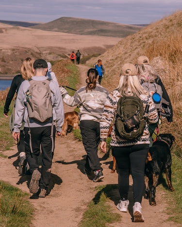 A group of hikers walking on a dirt trail through a scenic hilly landscape accompanied by several dogs.